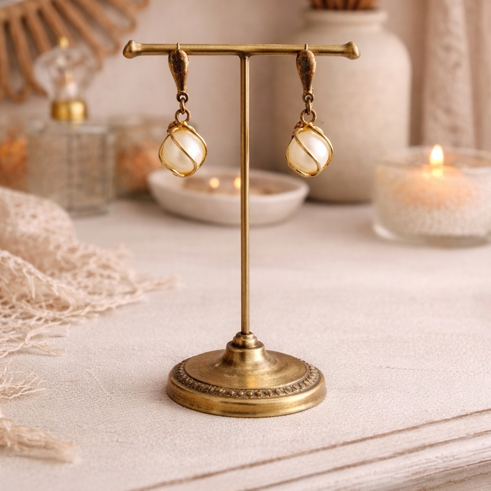 Elegant Gold and Cream Drop Earrings